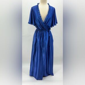 Vintage M Long Negligee Robe medium long lace 0503 short sleeve ties blue